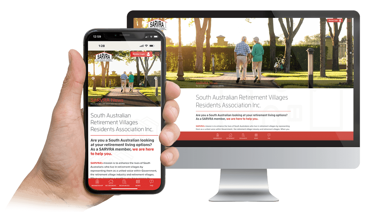 SARVRA retirement villages residents association website displayed on desktop and smartphone screens
