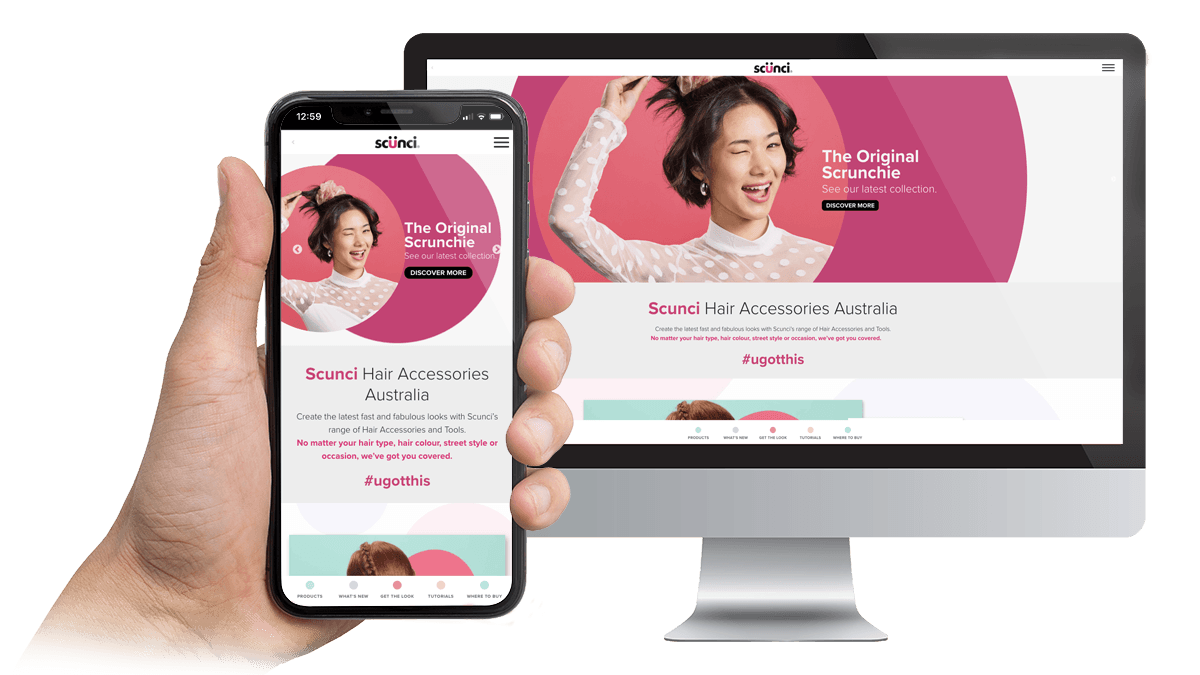 Scunci Hair Accessories Australia website homepage displayed on a desktop monitor and smartphone
