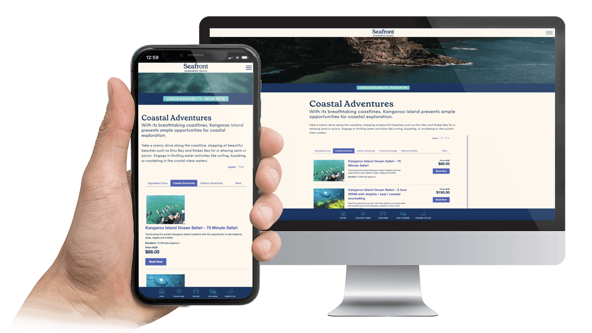 Seafront Kangaroo Island coastal adventures page displayed on a desktop monitor and smartphone