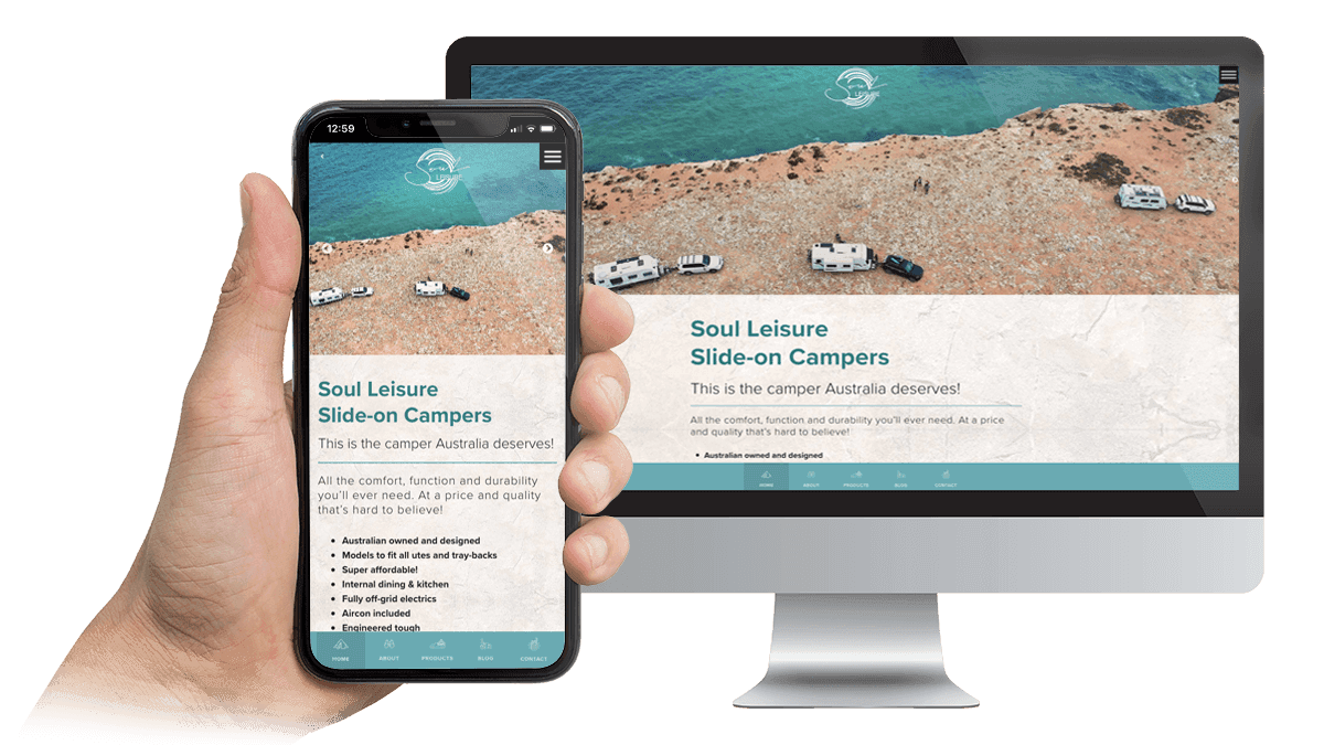 Soul Leisure website homepage on a desktop monitor and smartphone, showing slide-on campers on a coastal clifftop