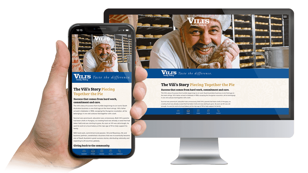 Vili's Family Bakery website displayed on a desktop monitor and smartphone