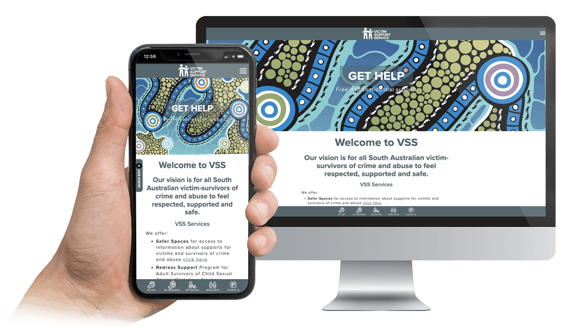 Victim Support Service website homepage displayed on a desktop monitor and smartphone