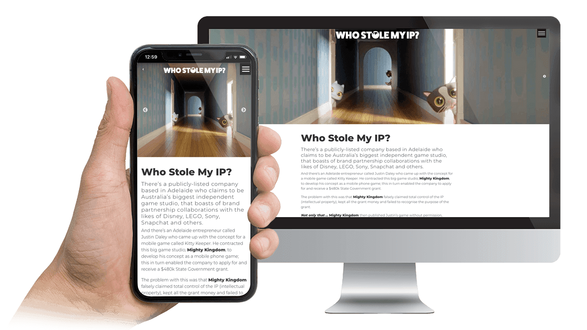 Who Stole My IP? website homepage displayed on desktop and smartphone screens