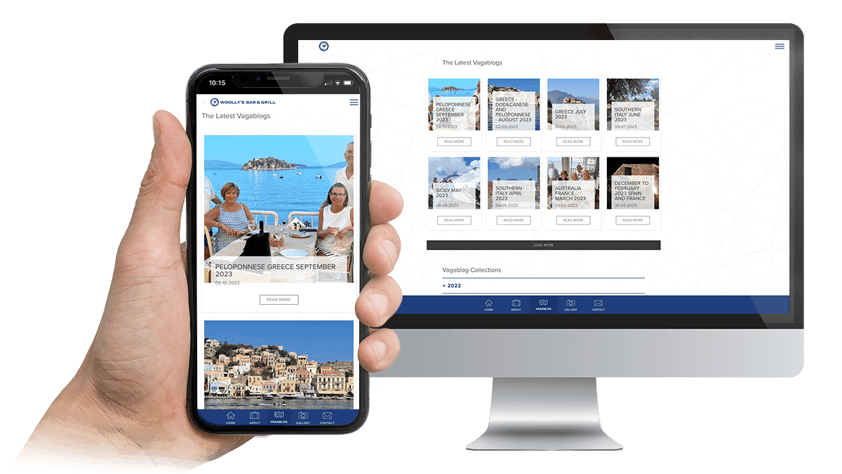 Woolly's Bar and Grill Vagablog travel posts displayed on desktop and smartphone screens