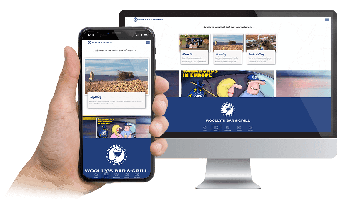 Woolly's Bar and Grill website navigation page displayed on desktop and smartphone screens