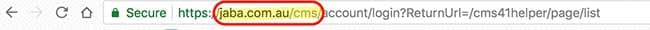Browser address bar showing the jaba.com.au/cms URL used to reach the JABA CMS login page