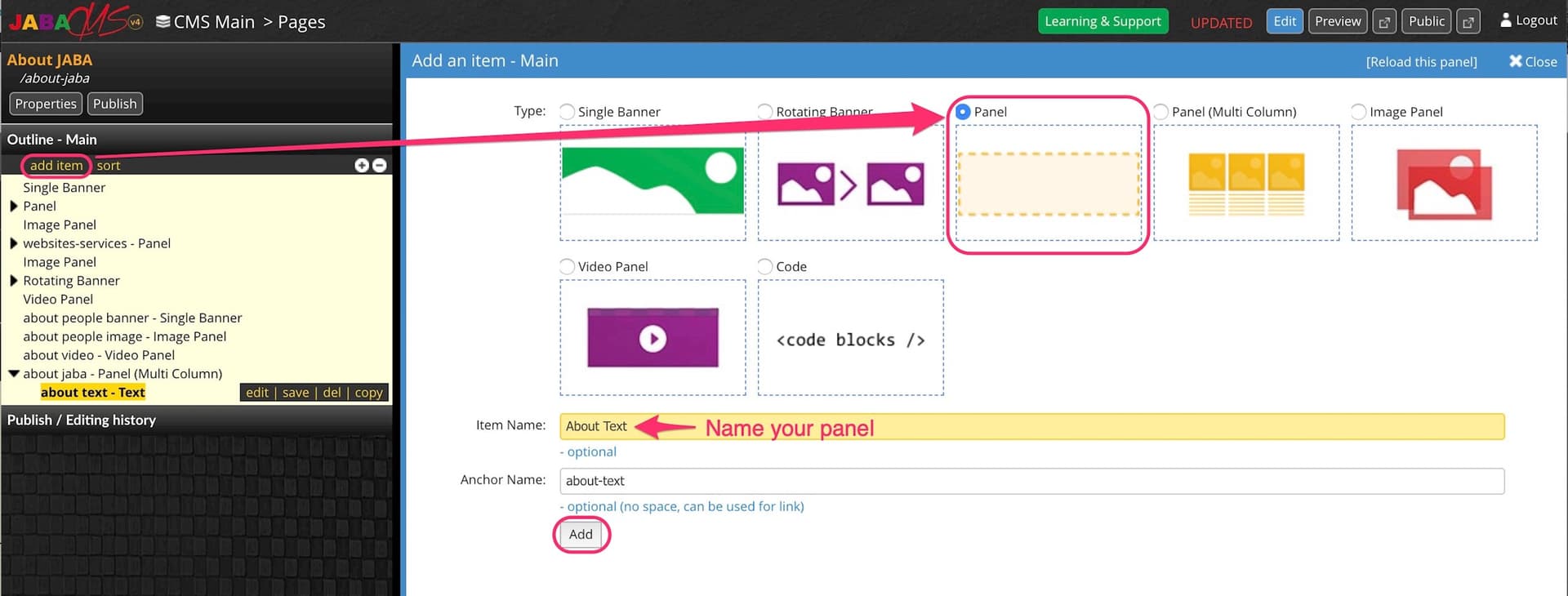 JABA CMS add item panel with Panel type selected and the About Text item name highlighted