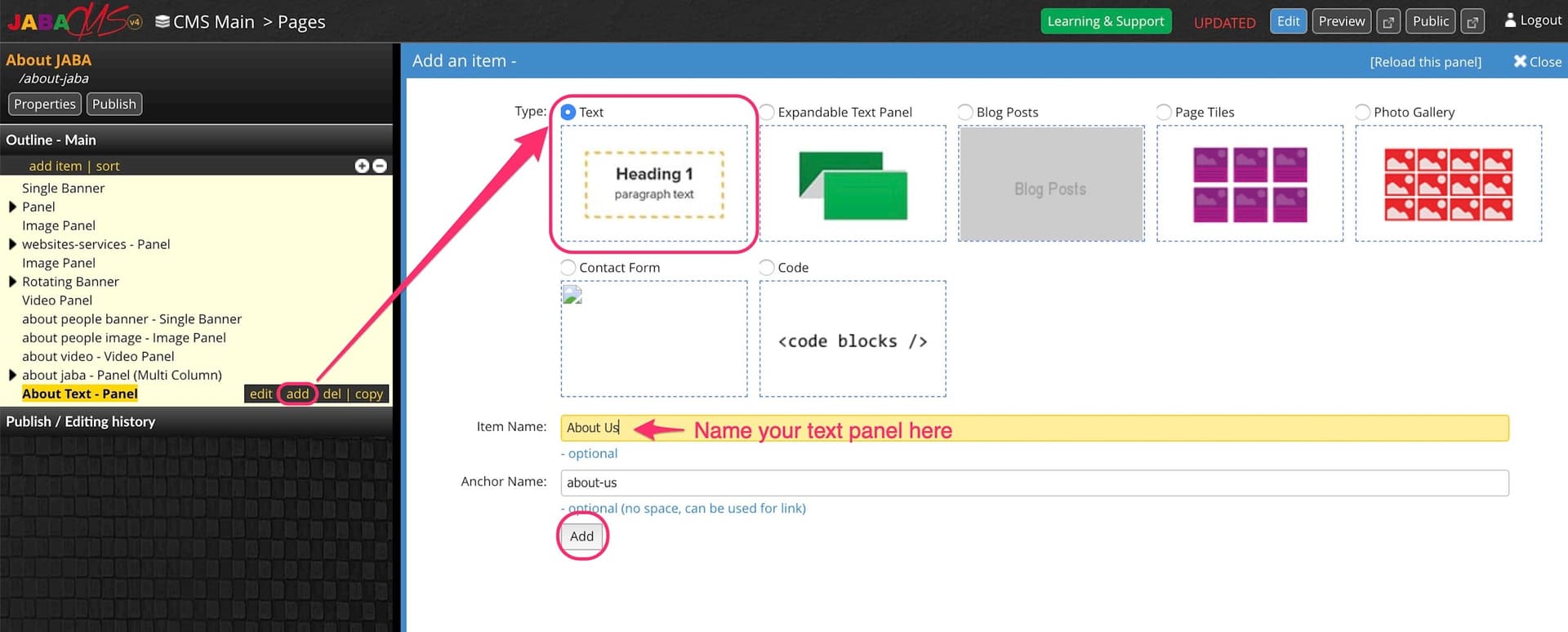 JABA CMS add item panel with Text type selected and the About Us item name highlighted