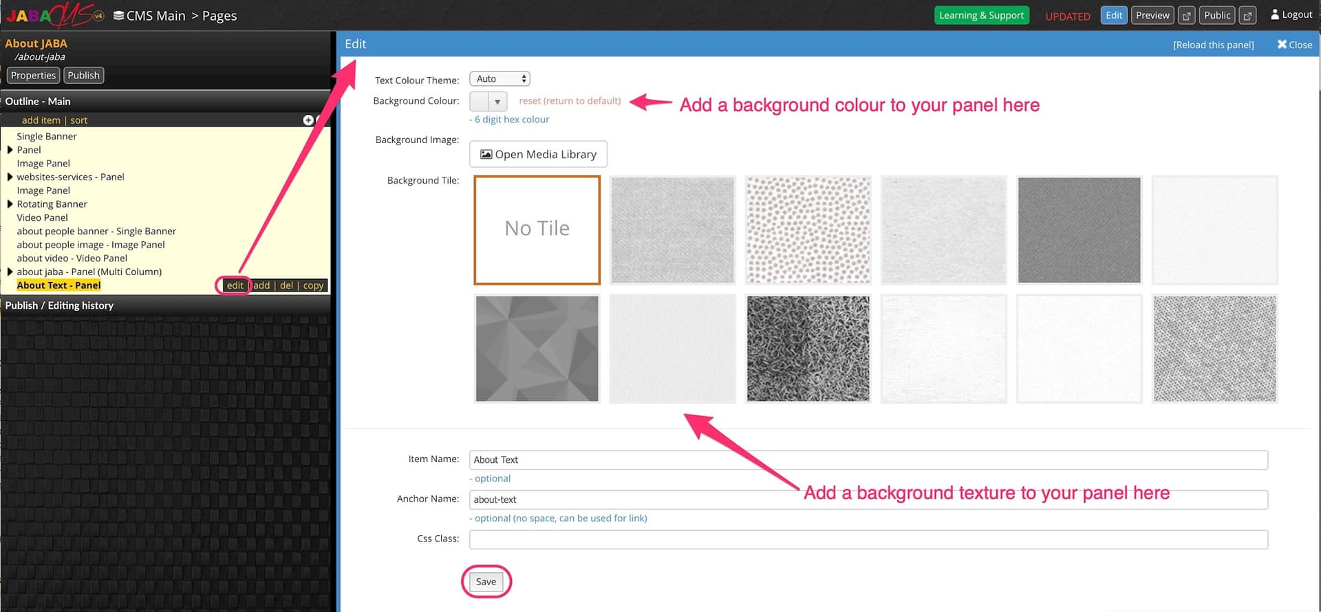 JABA CMS panel edit screen showing background colour and background texture options