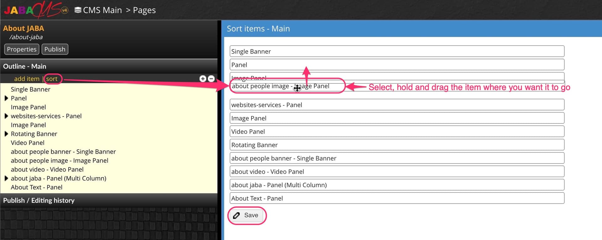 JABA CMS sort items panel with a page section being dragged into a new order