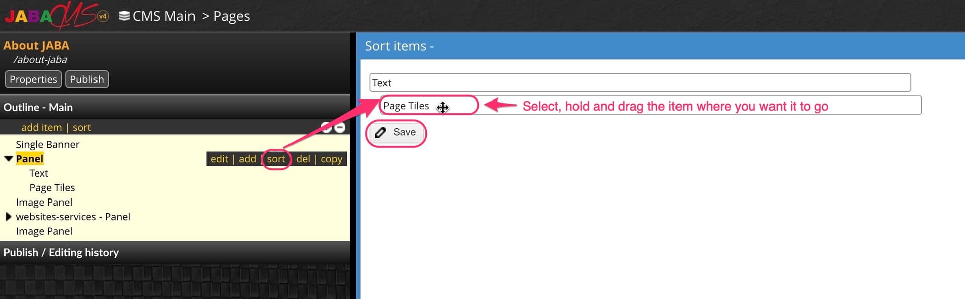 JABA CMS sort items panel showing Text and Page Tiles items ready to be reordered
