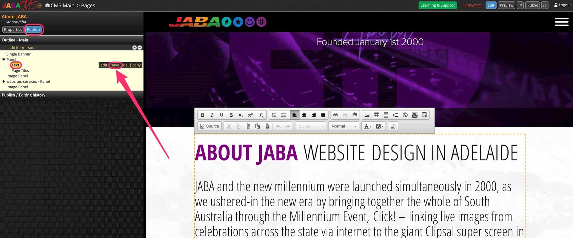 About JABA page in the CMS editor showing the heading text with the Publish button highlighted