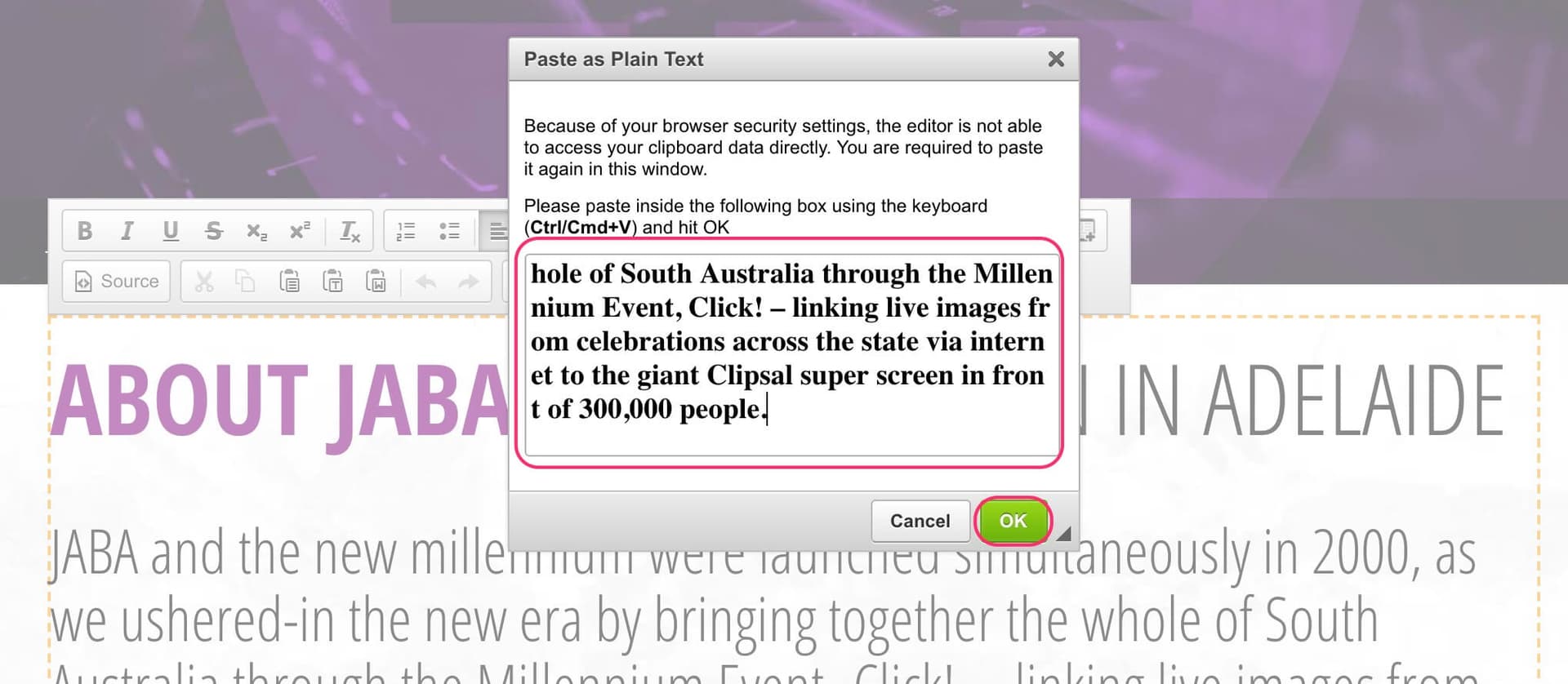 JABA CMS text editor Paste as Plain Text dialog for pasting content without formatting