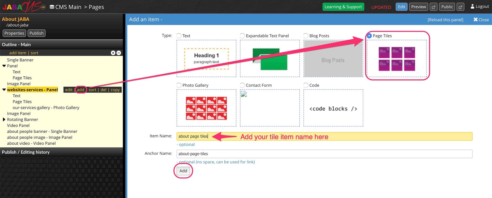 JABA CMS add-item panel with Page Tiles selected and named about page tiles