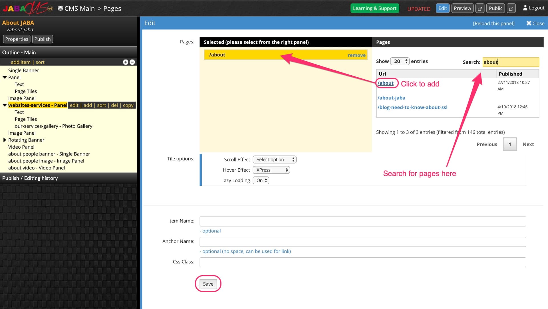 JABA CMS page tiles edit screen with the page search box and add-page link highlighted