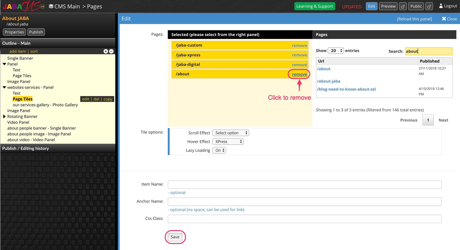 JABA CMS page tiles edit screen with the remove link highlighted next to a selected page