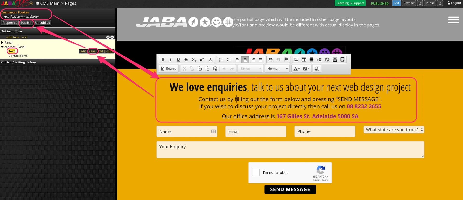 JABA CMS contact page editor showing the enquiries text and contact form fields
