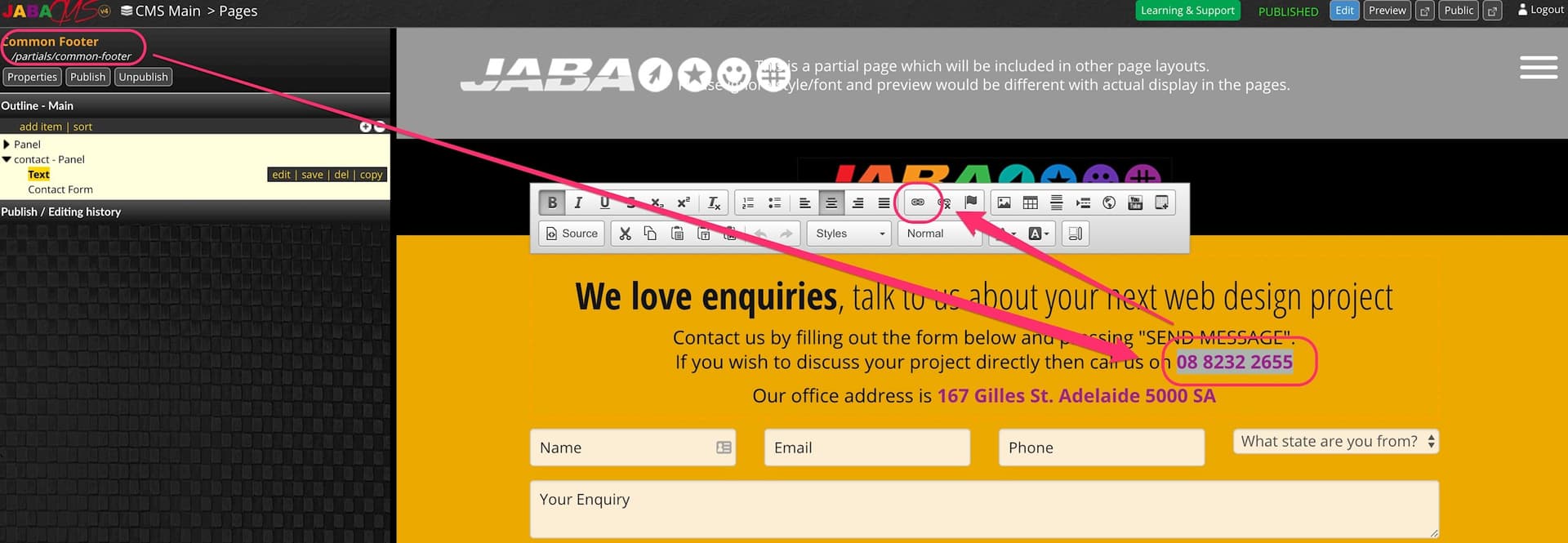 JABA CMS contact page editor with the phone number link highlighted for editing