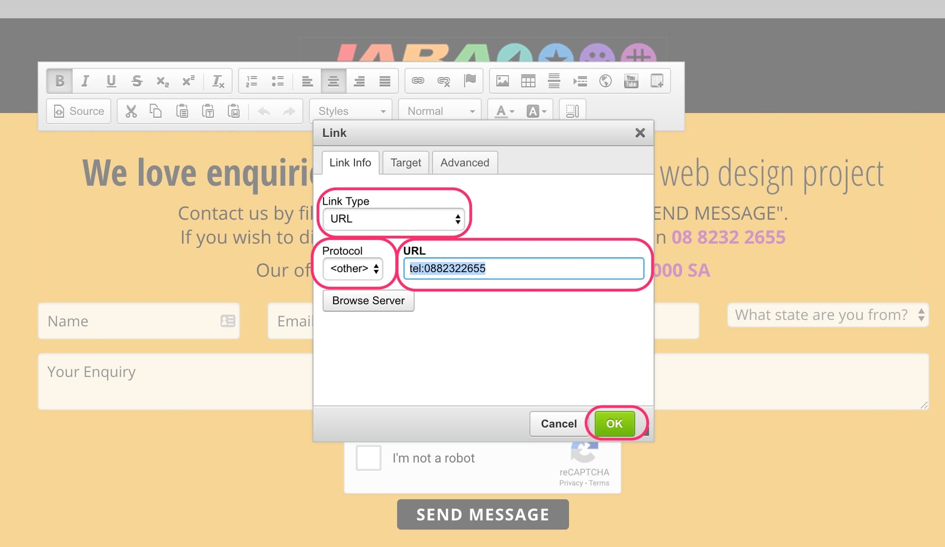 JABA CMS link dialog with the URL field set to a tel link for the phone number