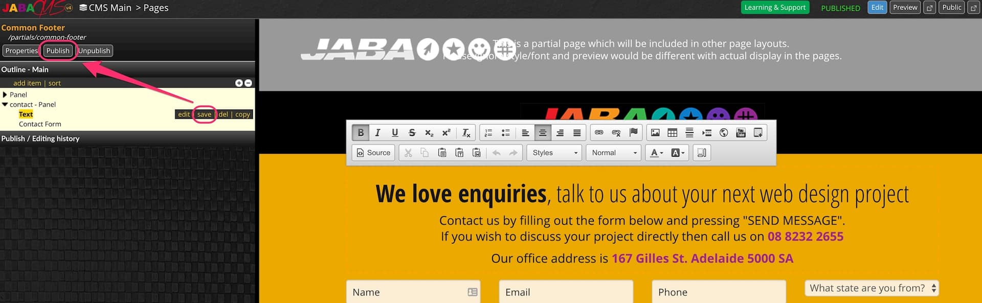 JABA CMS contact page editor with the Publish button highlighted
