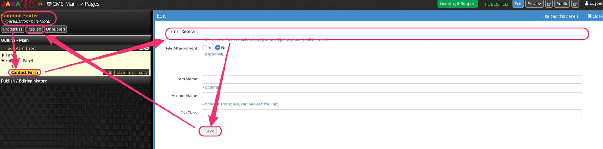 JABA CMS contact form edit screen with the Email Receiver and File Attachment options highlighted
