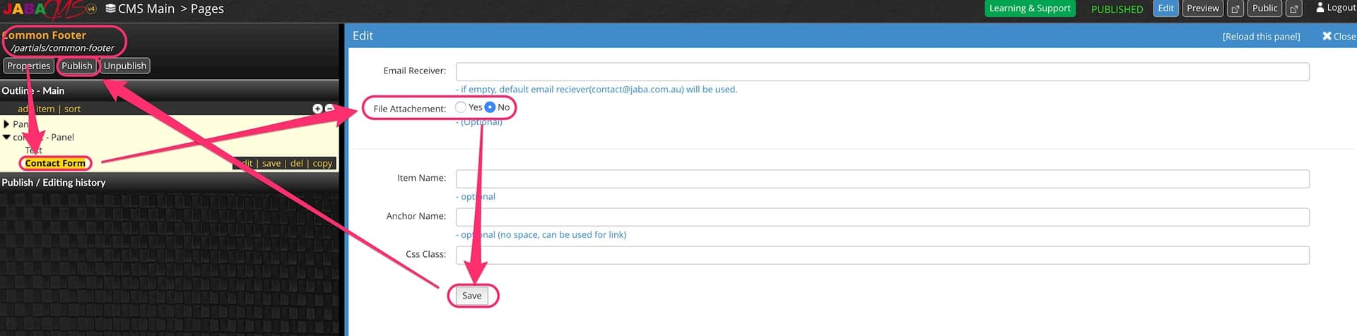 JABA CMS contact form edit screen with File Attachment set to No