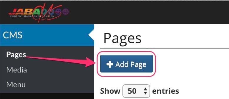 JABA CMS Pages screen with the Add Page button highlighted
