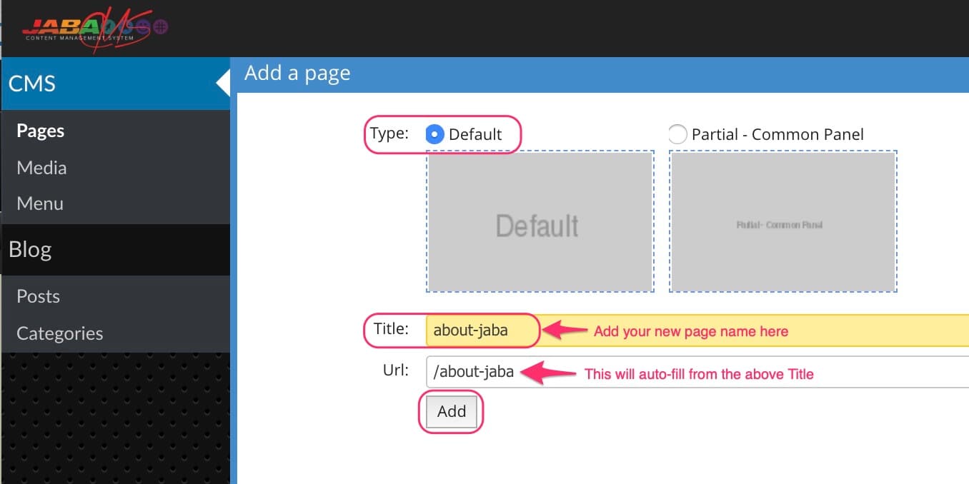 JABA CMS add a page form with page title and URL fields highlighted