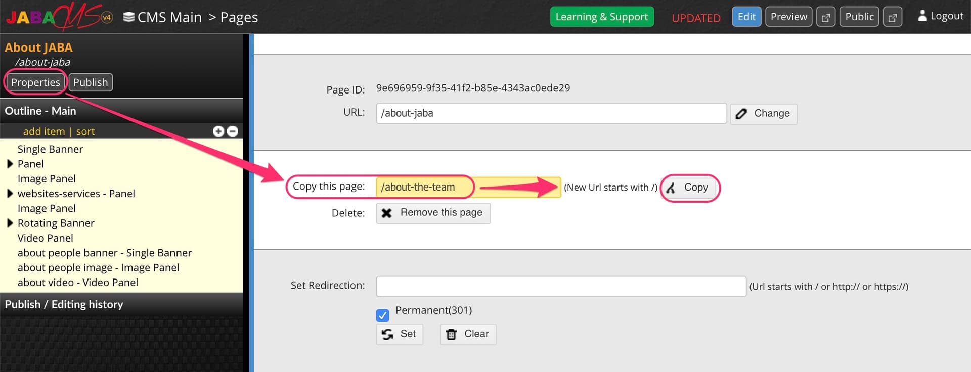 JABA CMS page properties panel with the Copy this page field and Copy button highlighted