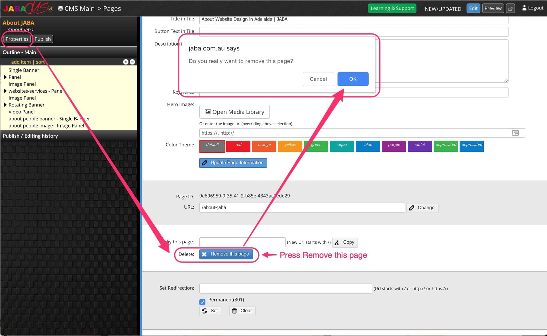 JABA CMS confirmation dialog asking to confirm removal of a page, with OK button highlighted