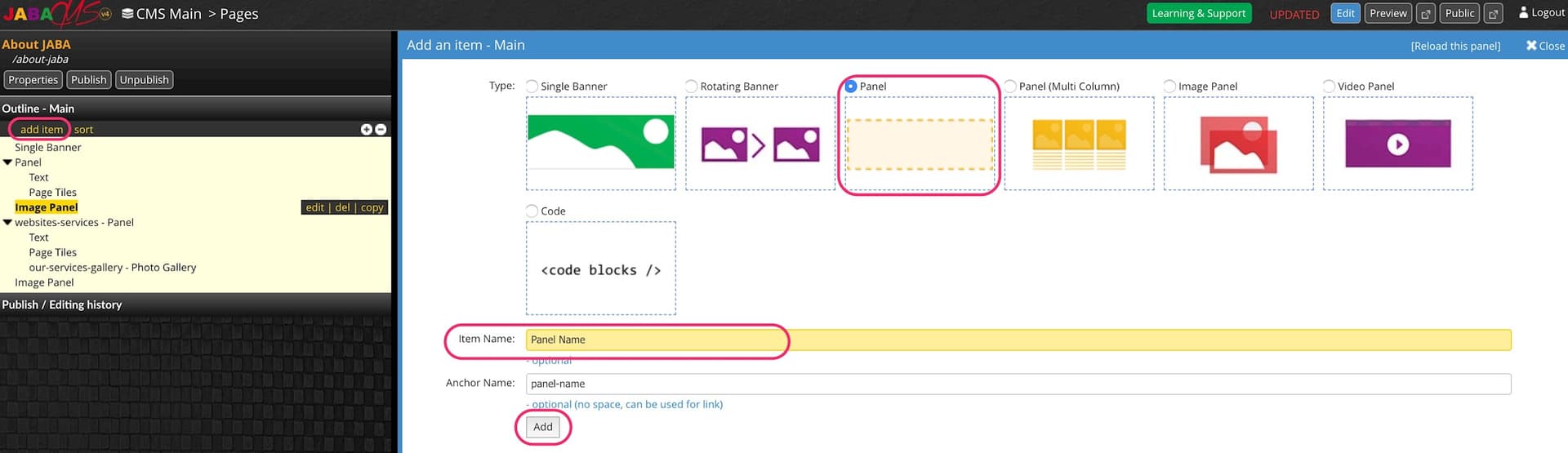 JABA CMS add item panel with Panel type selected and the item name field highlighted