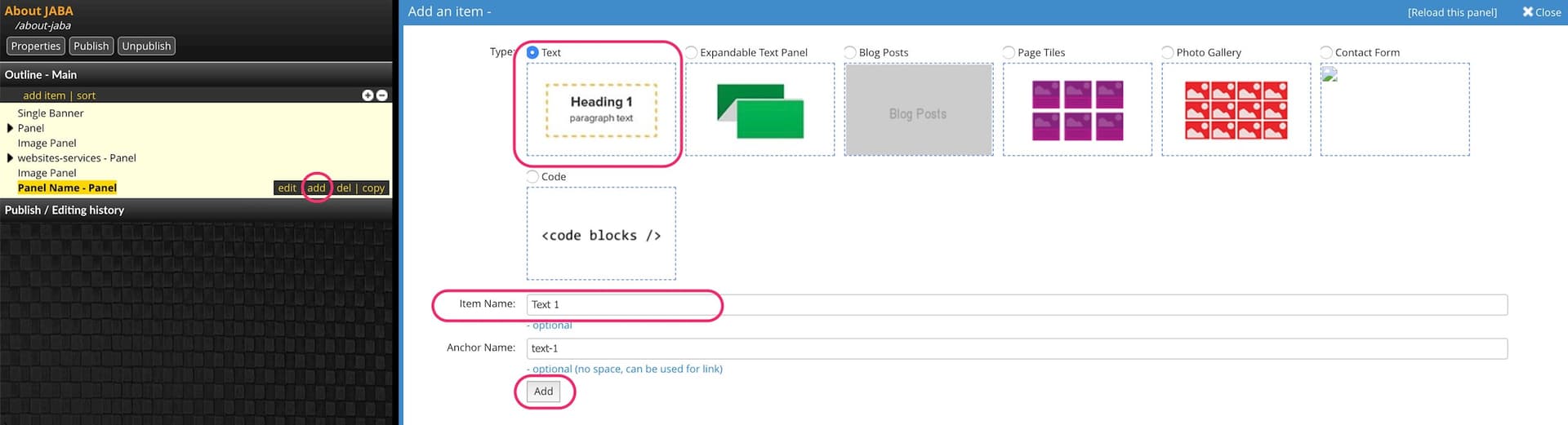 JABA CMS add item panel with Text type selected and the Text 1 item name highlighted