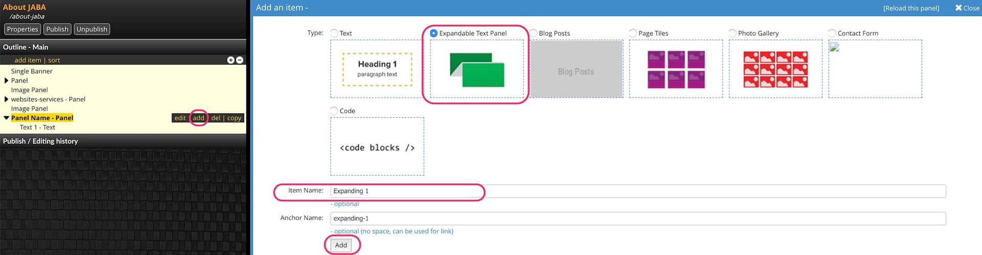 JABA CMS add item panel with Expandable Text Panel type selected and item name highlighted