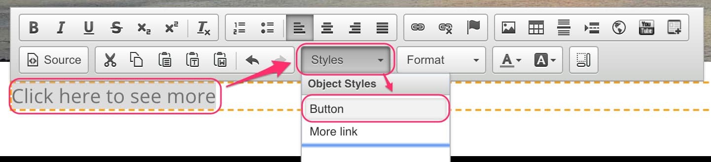 JABA CMS text editor Styles dropdown with the Button style highlighted for a link