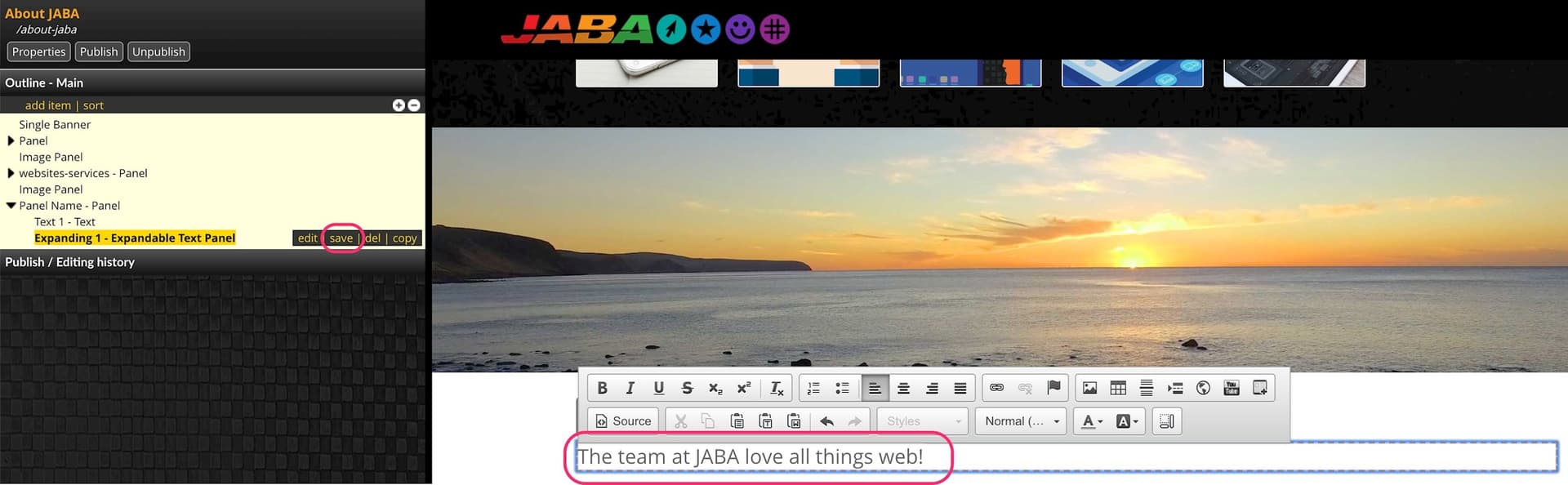 About JABA page in the CMS editor showing a sunset banner and editable text with save highlighted