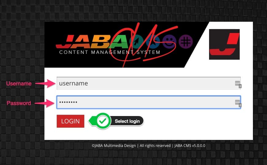JABA CMS v5 login screen with username and password fields and the login button highlighted