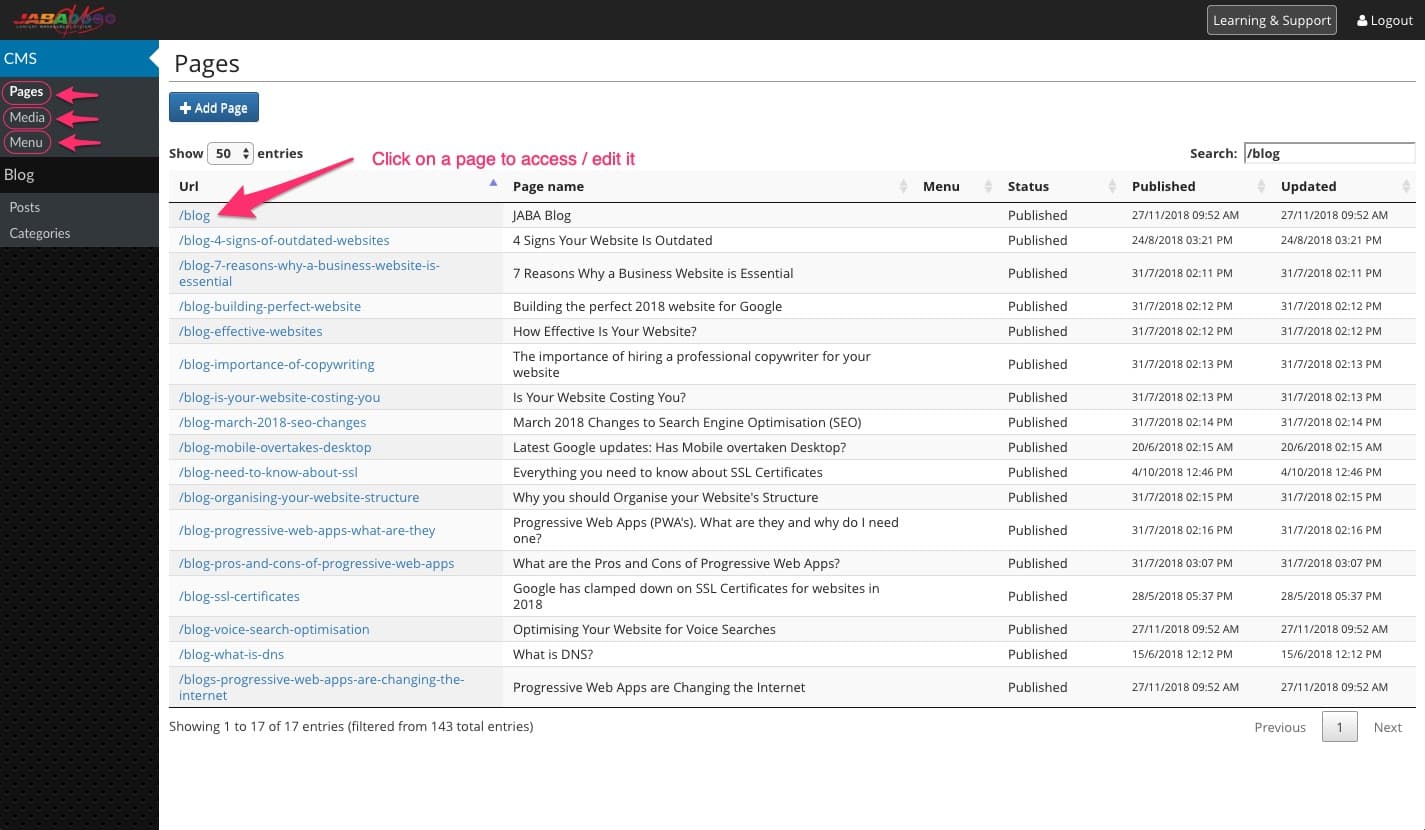 JABA CMS Pages directory listing website pages, with Pages, Media and Menu highlighted