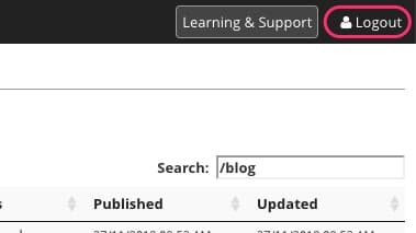 JABA CMS top navigation bar with the Learning & Support and Logout links highlighted