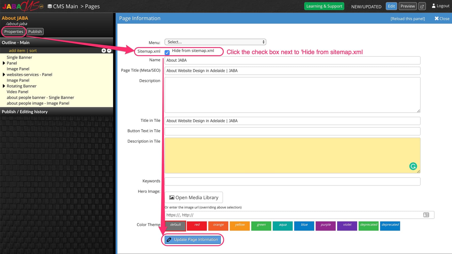 JABA CMS page information panel with the Hide from sitemap.xml checkbox highlighted