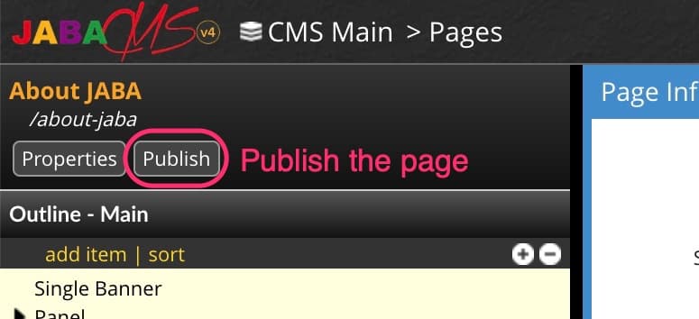JABA CMS page properties panel with the Publish button highlighted