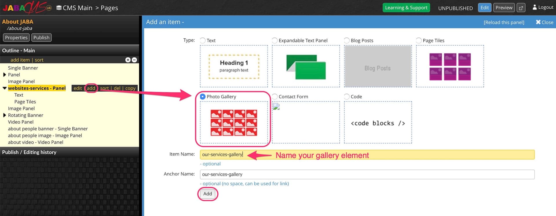 JABA CMS add-item panel with Photo Gallery selected and the gallery named our-services-gallery