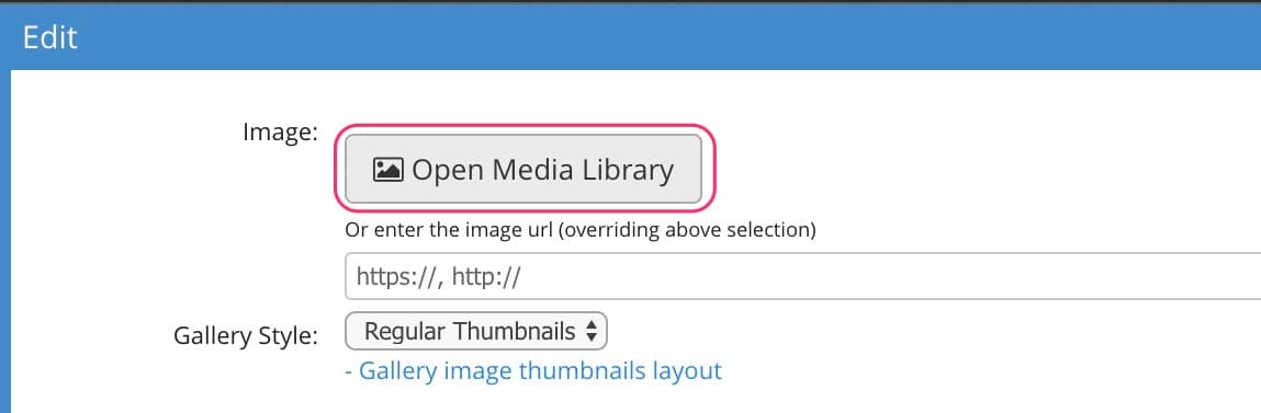 JABA CMS photo gallery edit panel with the Open Media Library button highlighted