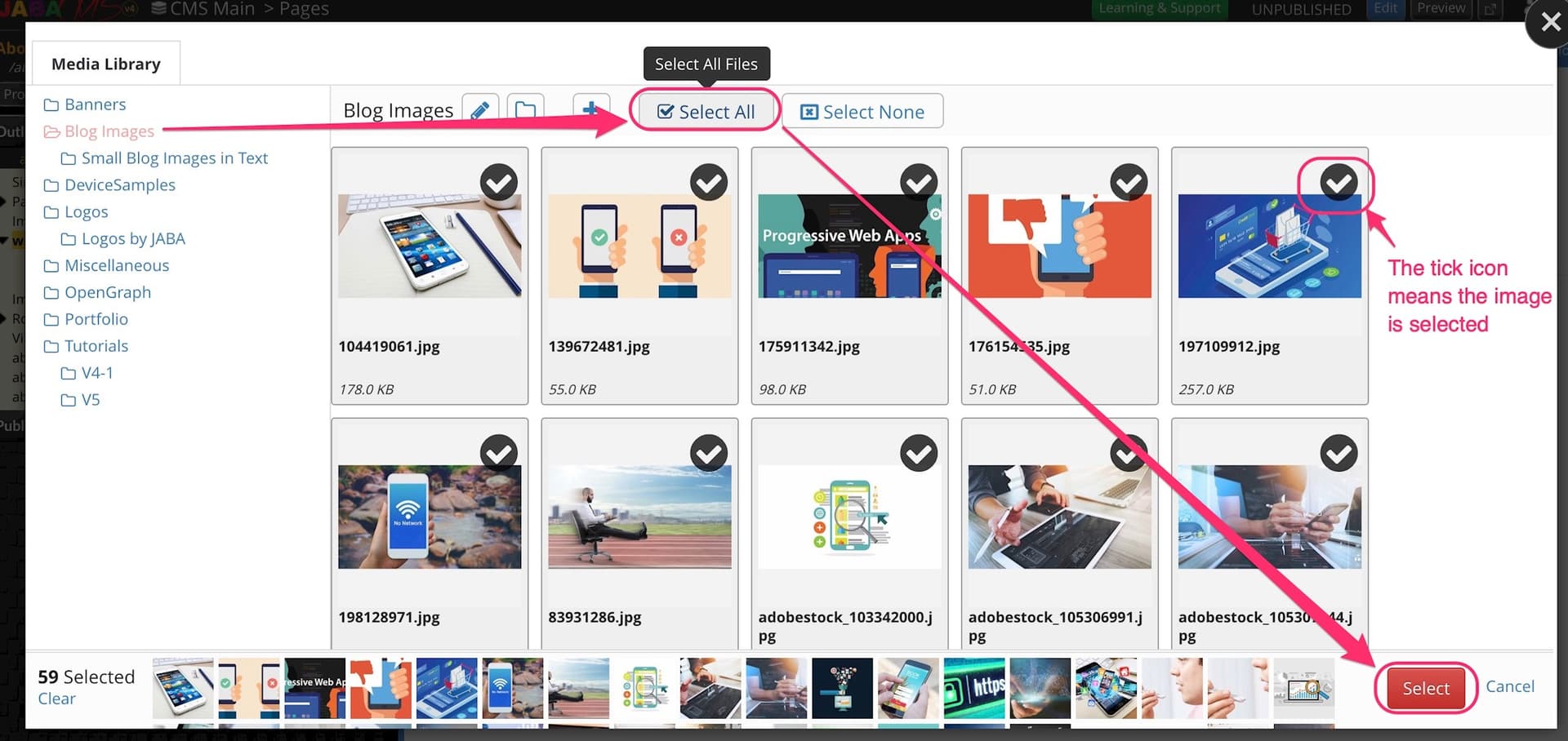 JABA CMS media library showing the Blog Images folder with multiple images selected