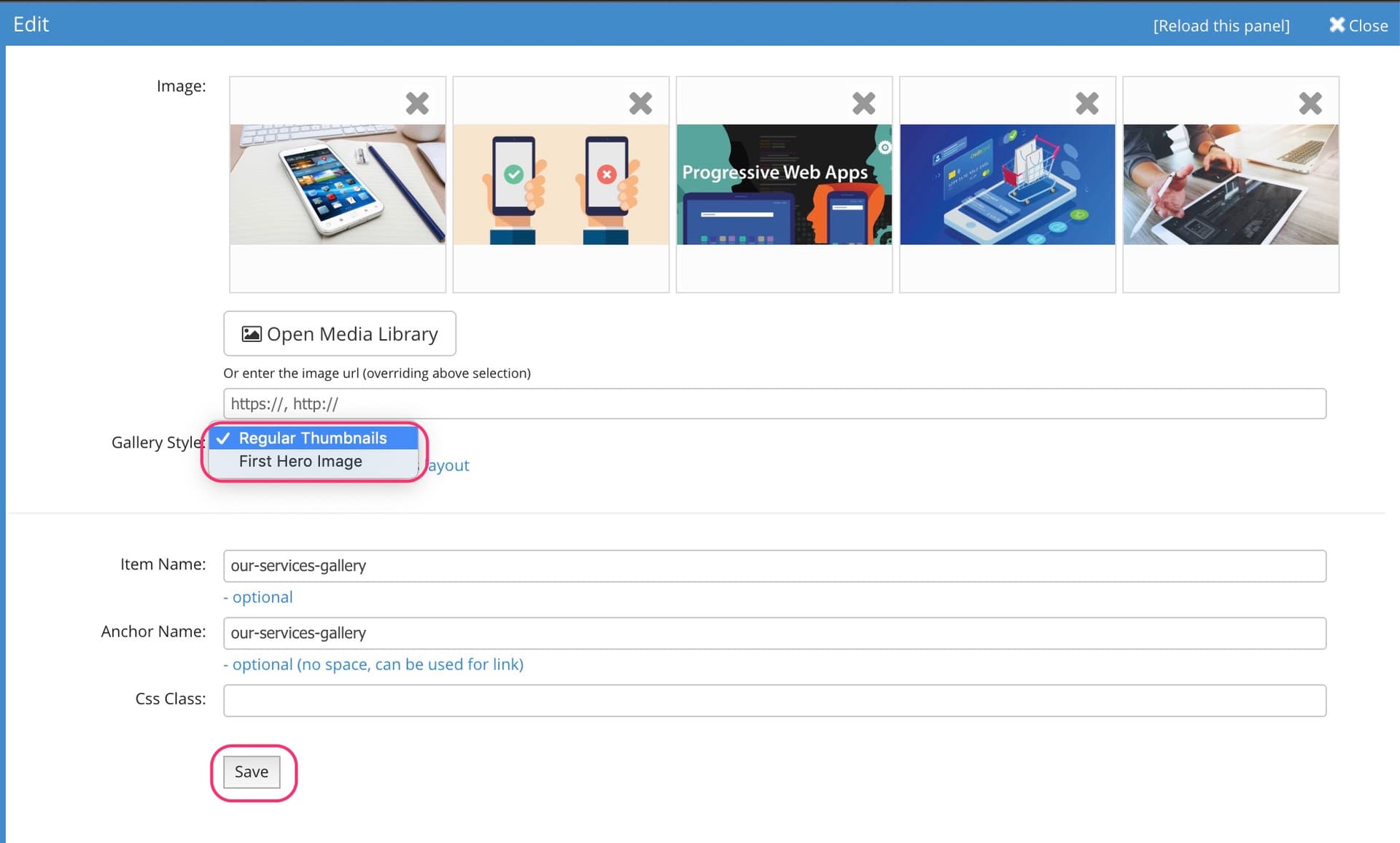 JABA CMS photo gallery edit screen with uploaded images and the Gallery Style dropdown highlighted