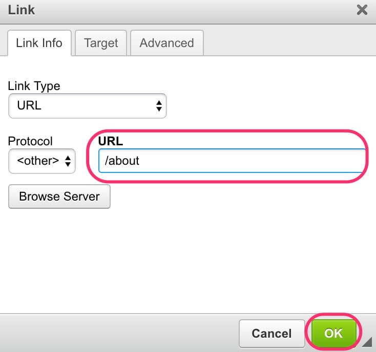 JABA CMS link dialog with an internal page URL entered in the URL field