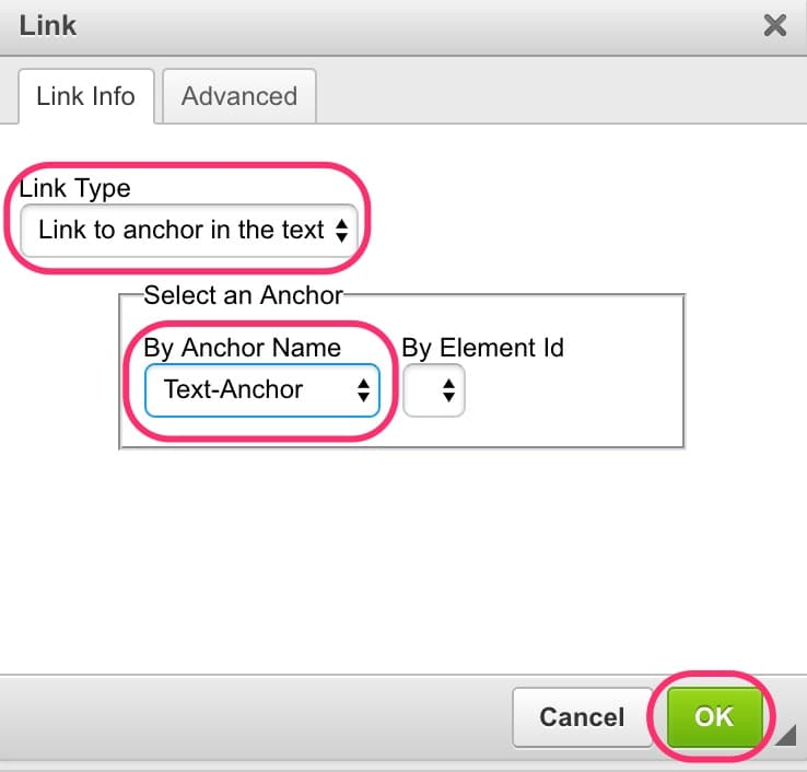 JABA CMS link dialog set to link to the Text-Anchor anchor point