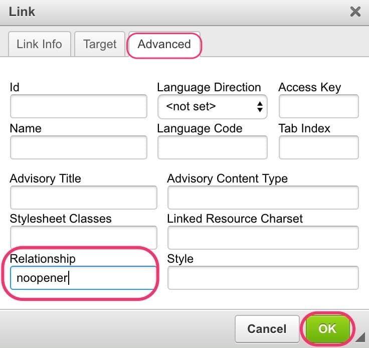 JABA CMS link dialog Advanced tab with the Relationship field set to noopener