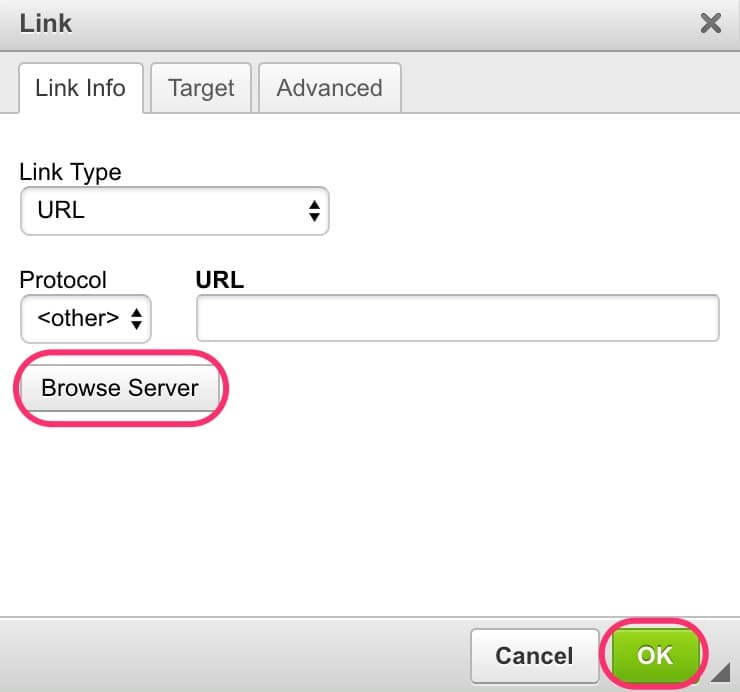 JABA CMS link dialog with the Browse Server button highlighted to select a page