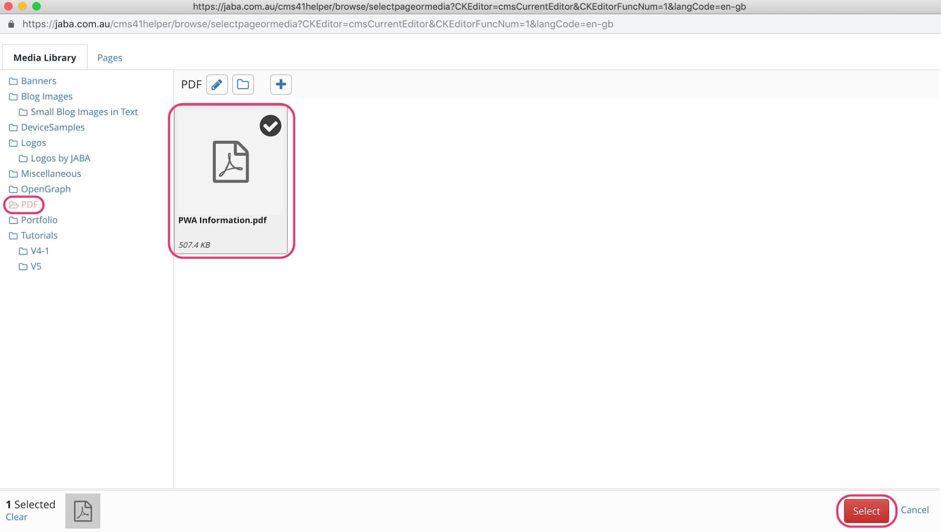 JABA CMS media library showing a PDF file selected to link to