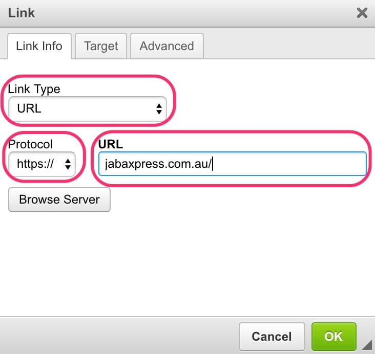 JABA CMS link dialog with an external URL entered in the Link Info tab